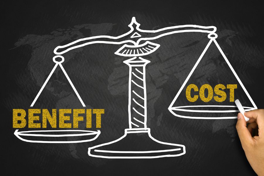 Benefit cost scale concept on chalkboard