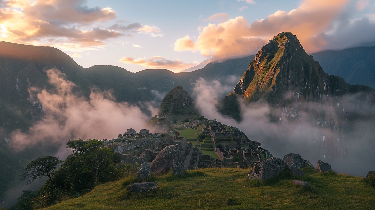 The first light of dawn gently caresses Machu Picchu, casting a serene glow over the ancient ruins and the majestic Andes mountains that stand as silent guardians.