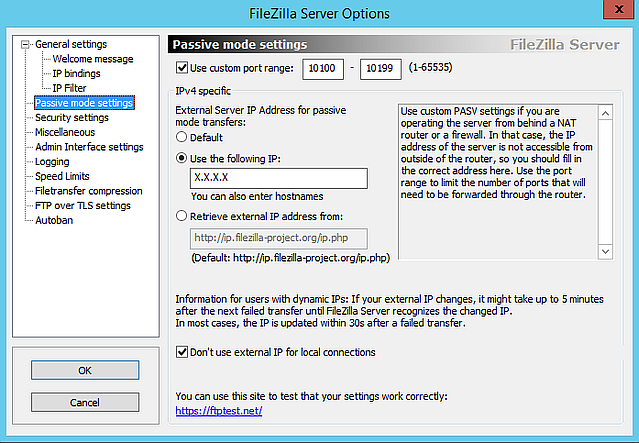 Konfiguration der Optionen von FileZilla Server
