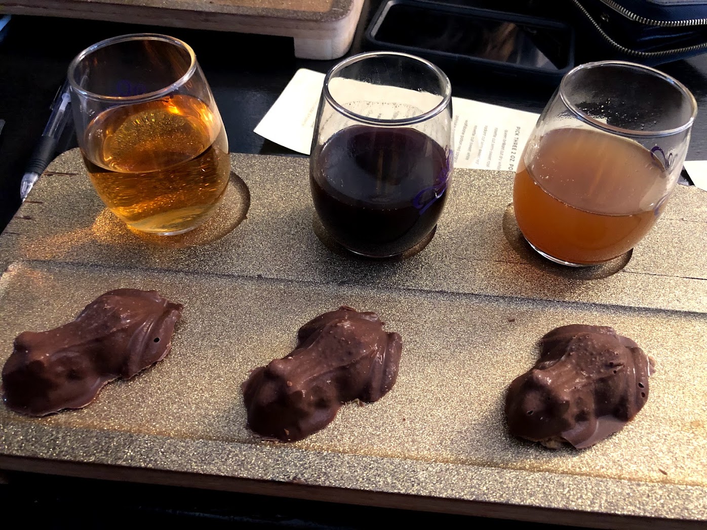 A flight of wine and chocolate frogs at Weston Wine Co. in Weston, Missouri 