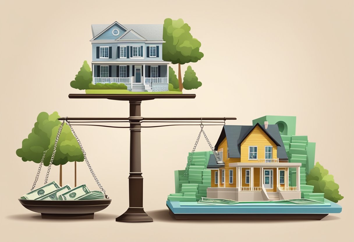 A stack of cash sits on one side of a scale, while a house sits on the other, symbolizing the pros and cons of selling a house for cash