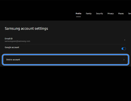 Delete account highlighted on the Samsung account settings page in a web browser