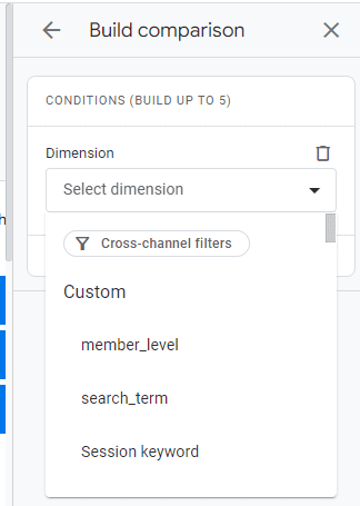 Select the custom channel group as a dimension in the Build comparison tab in GA4.