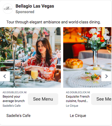 Bellagio Las Vegas Facebook carousel ad promoting their on-site dining.