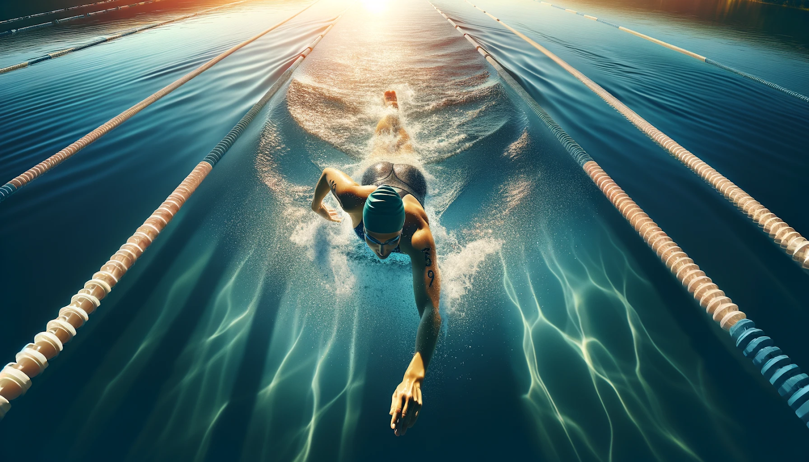 Top-down perspective of a triathlete's efficient stroke technique in a clear blue lake during a triathlon swim leg.