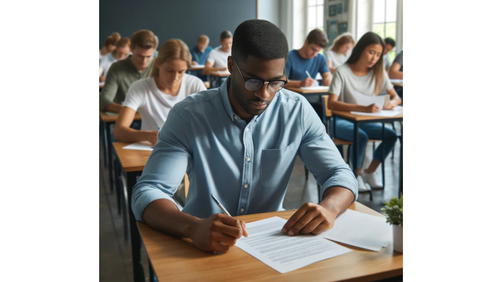 Black man taking an exam in a classroom