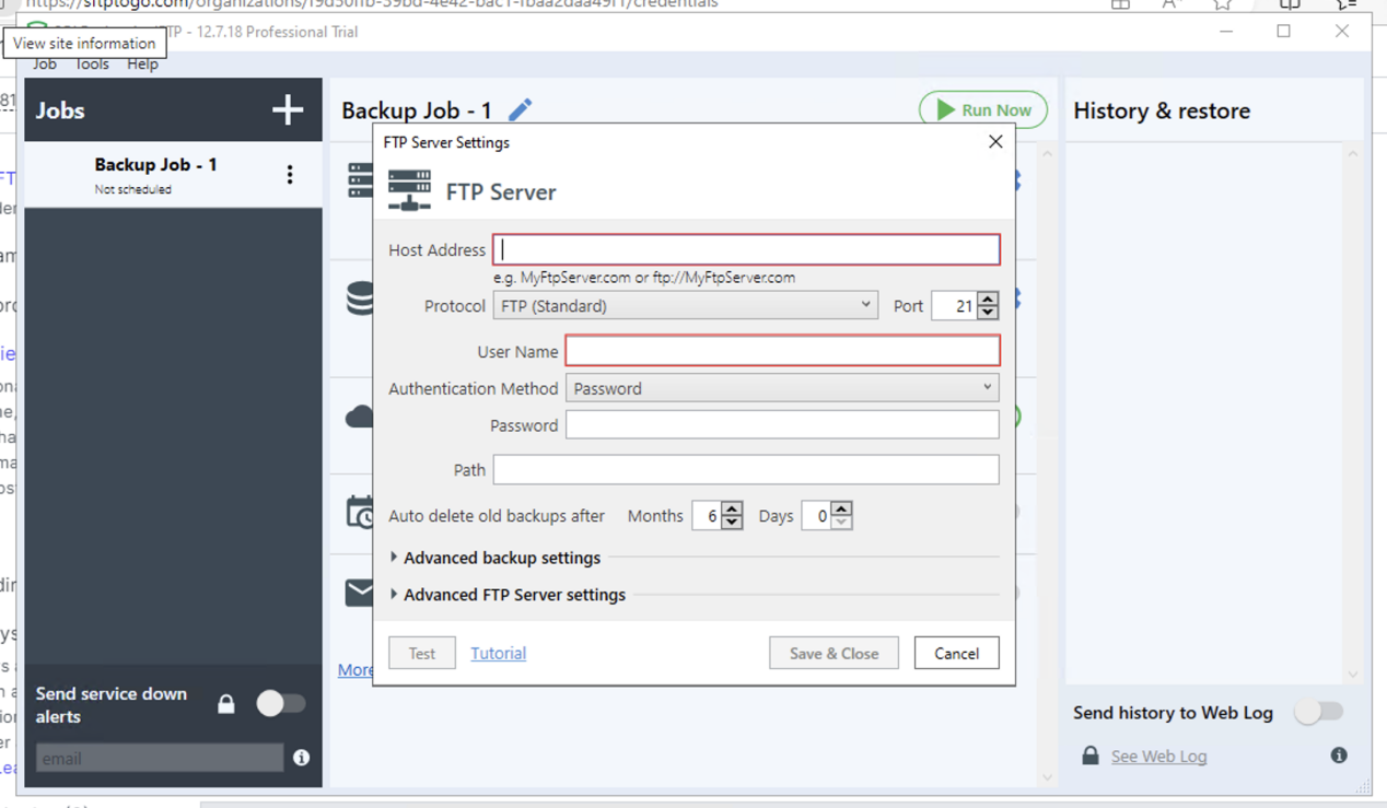 Entering FTP server details to select backup location via the SQLBackupAndFTP Job tab