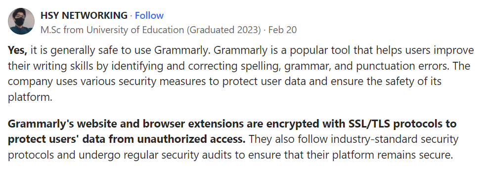 Is Grammarly safe -testimonial