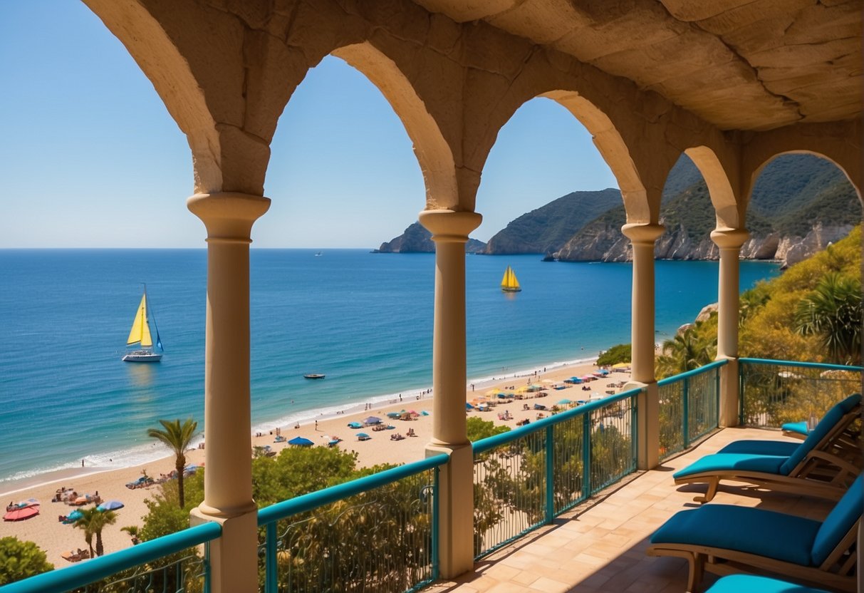 Crystal blue waters lap against golden sandy shores, framed by rugged cliffs and lush greenery. Sunbathers relax under colorful umbrellas, while sailboats dot the horizon