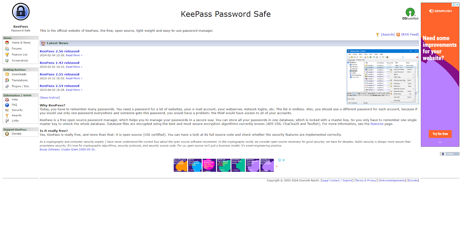 A screenshot of KeePass' website