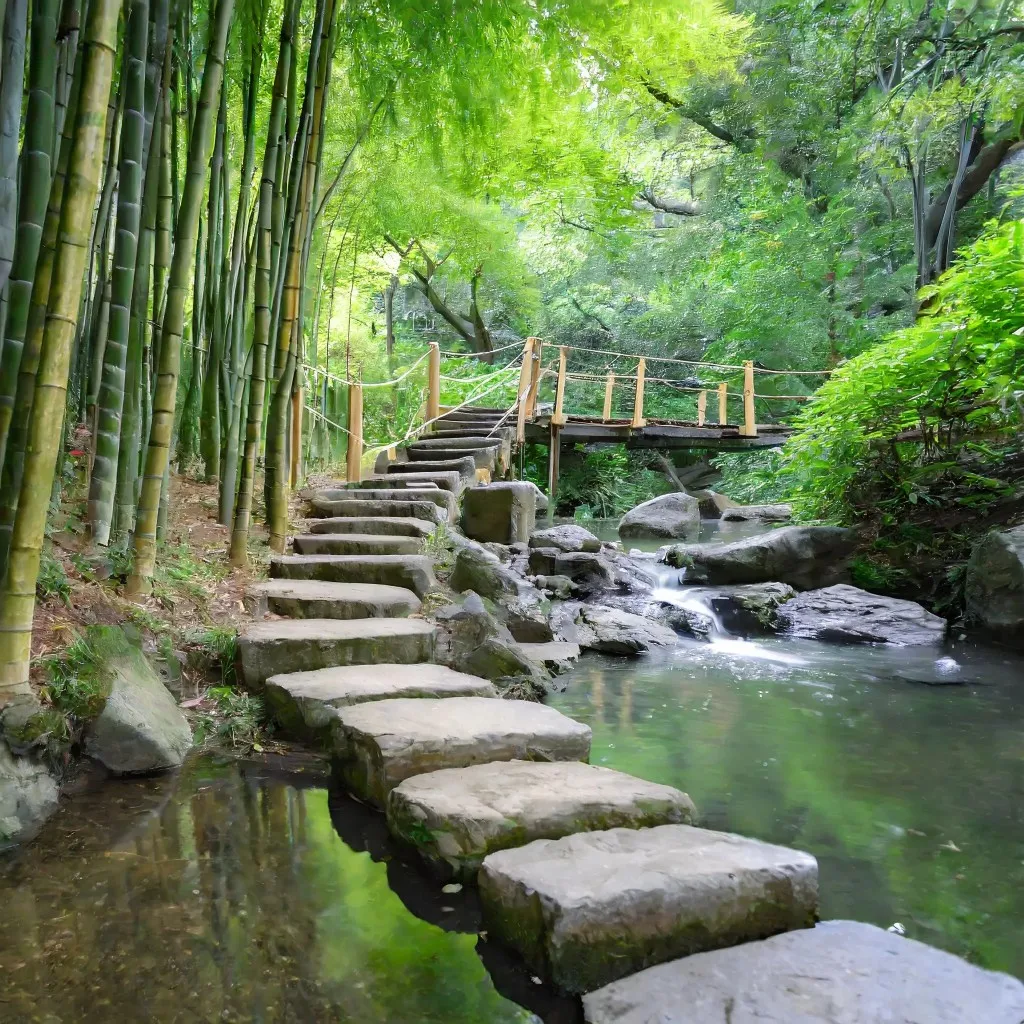 A peaceful pathway through a bamboo forest, with stone stepping blocks across a gentle stream. The tranquil water reflects the greenery surrounding it, and the path leads to a staircase bordered by a simple rope railing.