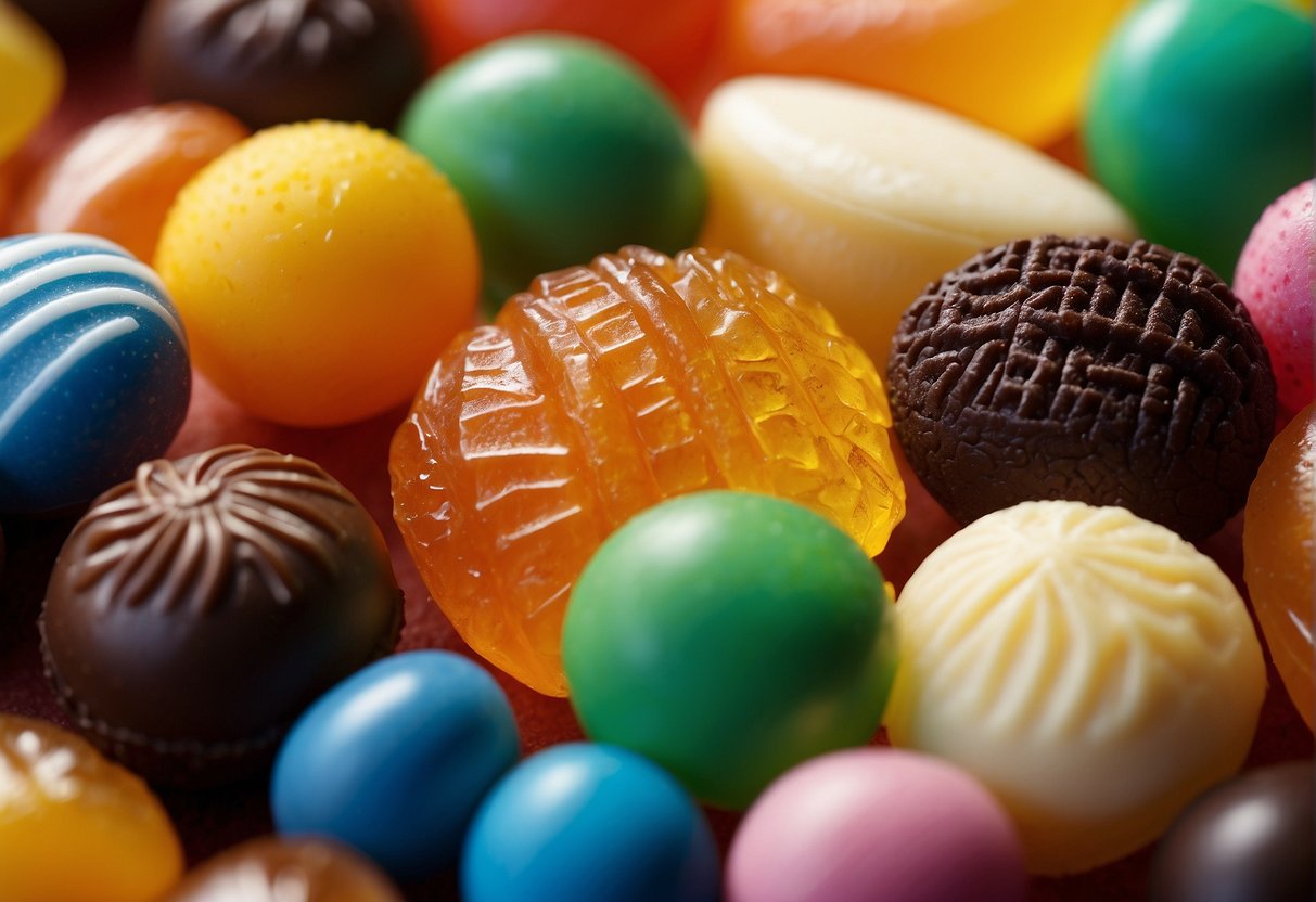 A colorful display of various candies from around the world, showcasing different shapes, colors, and flavors
