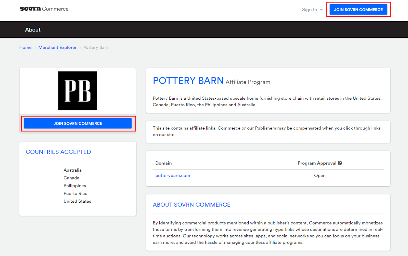Page for joining Pottery barn affiliate program on Sovrn Commerce