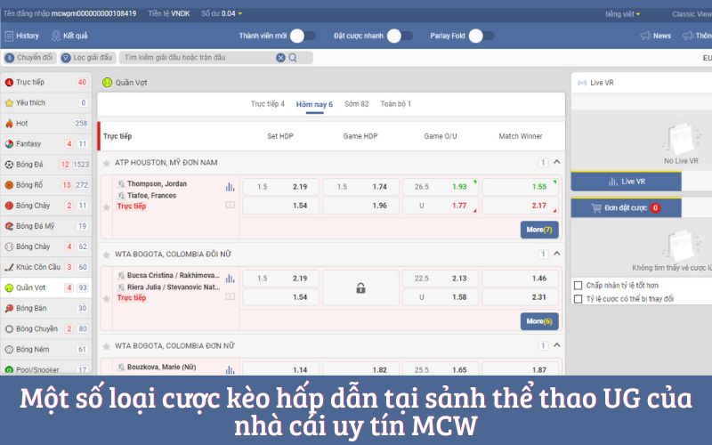 Một số loại cược kèo hấp dẫn tại sảnh thể thao UG của nhà cái uy tín MCW