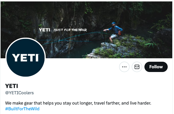 Twitter optimization tips, Yeti’s profile highlights their value prop.>