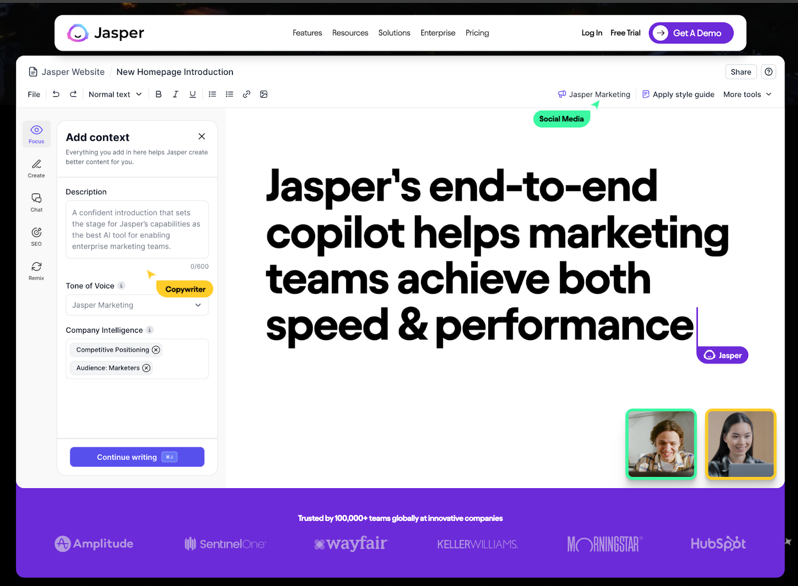 Jasper's end-to-end copilot helps marketing teams achive both speed & performance