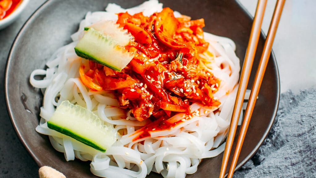 kimchi topping on noodles
