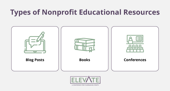 This image lists three types of nonprofit educational resources: blog posts, books, and conferences, covered in more detail in the text below.