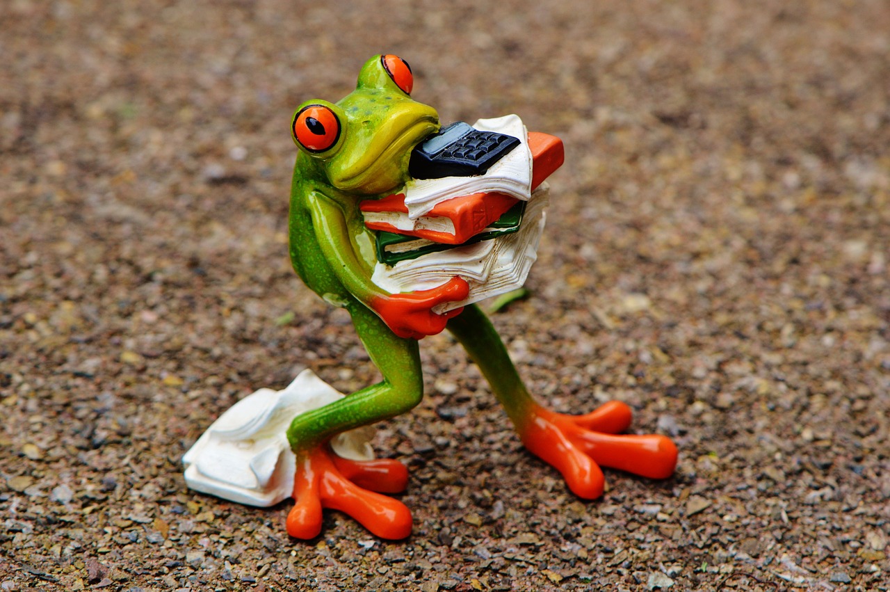 A figurine of a frog holding books and a calculator, representing a stressful life.