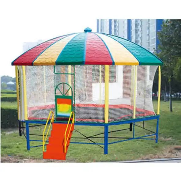 A canopied trampoline tent painted in different colors
