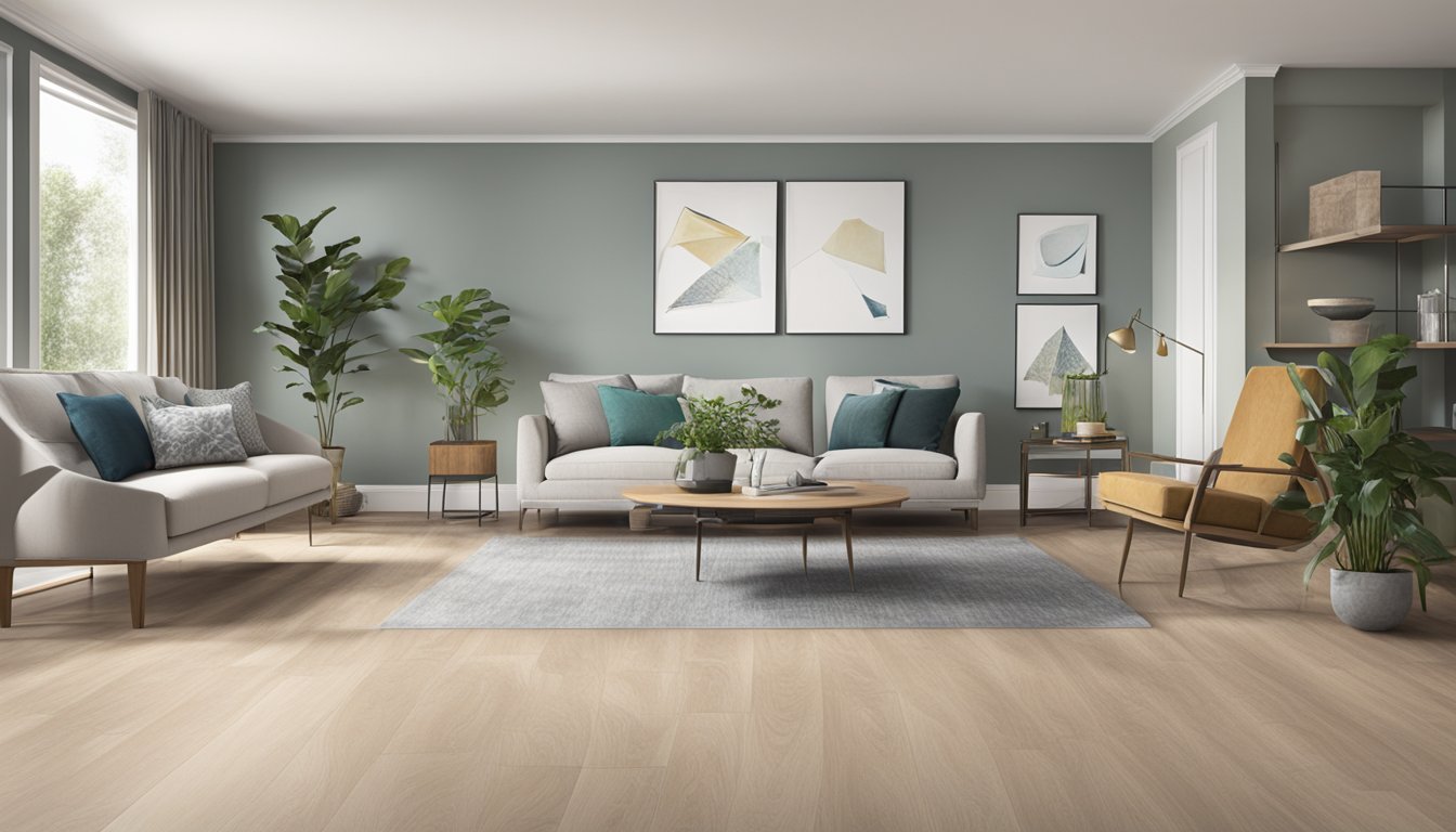 A room with modern furniture and LVT flooring, showcasing its durability and realistic wood or stone look