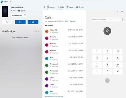 A list of calls in the Phone Link app on a PC