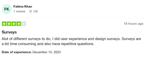 A 4-star review from an Apex Focus Group user who found many surveys to do but found them repetitive and time-consuming.