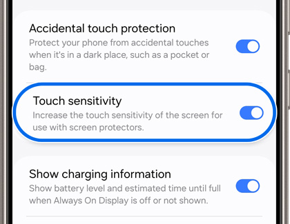 Touch sensitivity option highlighted and activated in Display settings