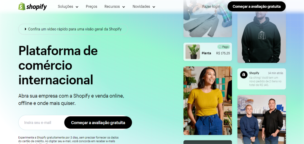 Início do site da Shopify indicando a facilidade de abrir um e-commerce