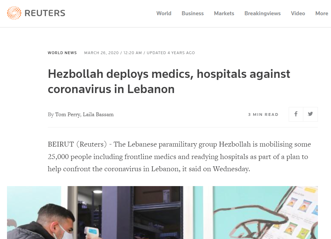Reuters: "Hezbolá despliega médicos y hospitales contra el coronavirus en el Líbano"