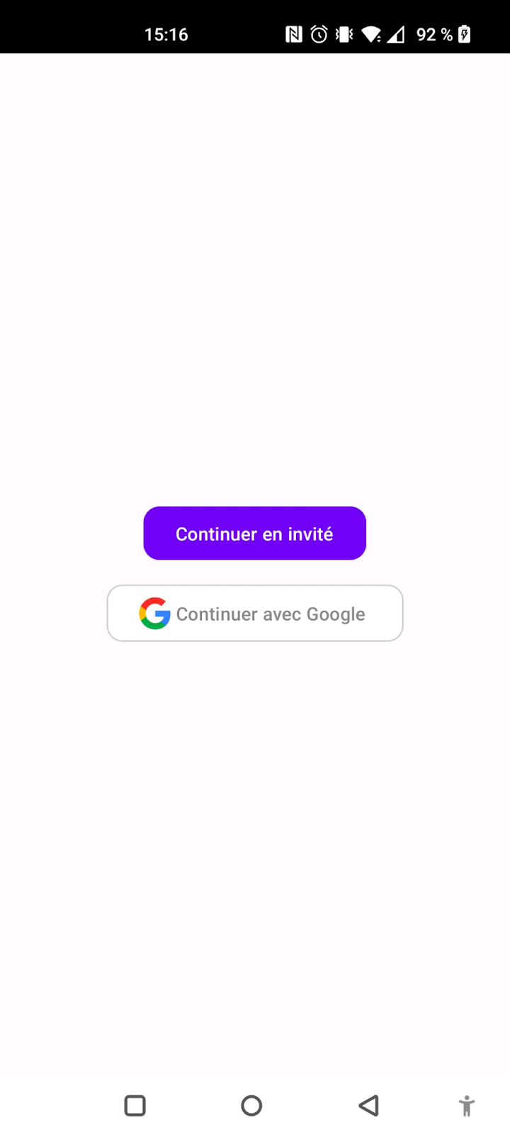 Ecran de l'application avec l'ajout du bouton "Continuer avec Google"