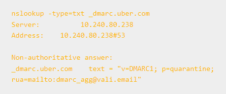 nslookup command to check Uber's DMARC record