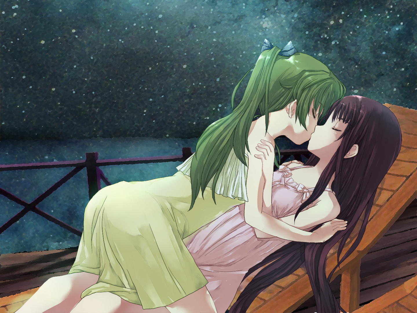 SeaBed Visual Novel screenshot with two girls kissing one with green hair and the other with black hair. From the Yuri Itch.io Game tag.