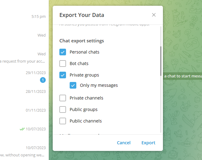 Exporting telegram chats