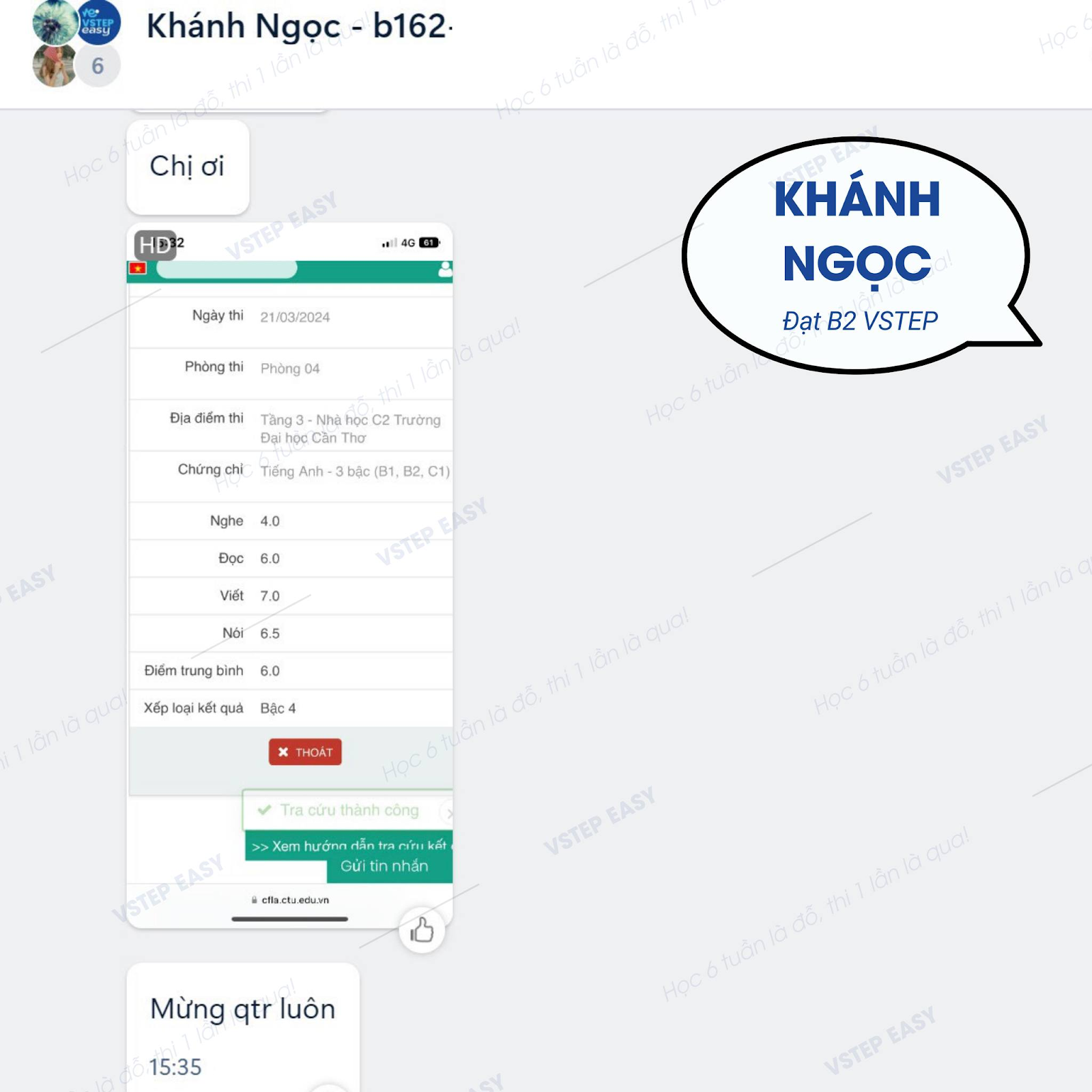 Học viên Khánh Ngọc đạt B2 VSTEP sau kỳ thi tại trường Đại học Cần Thơ