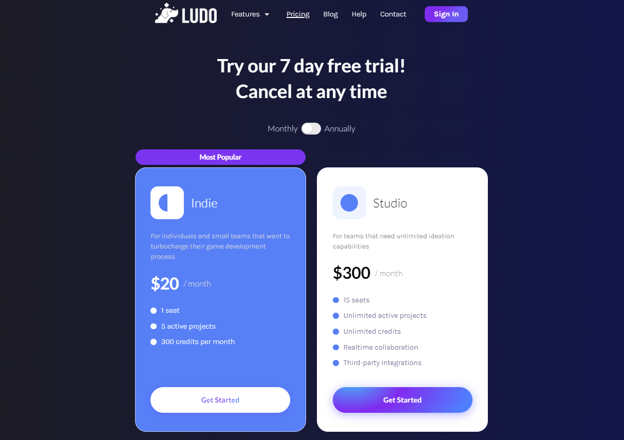 The pricing plans for Ludo.ai.