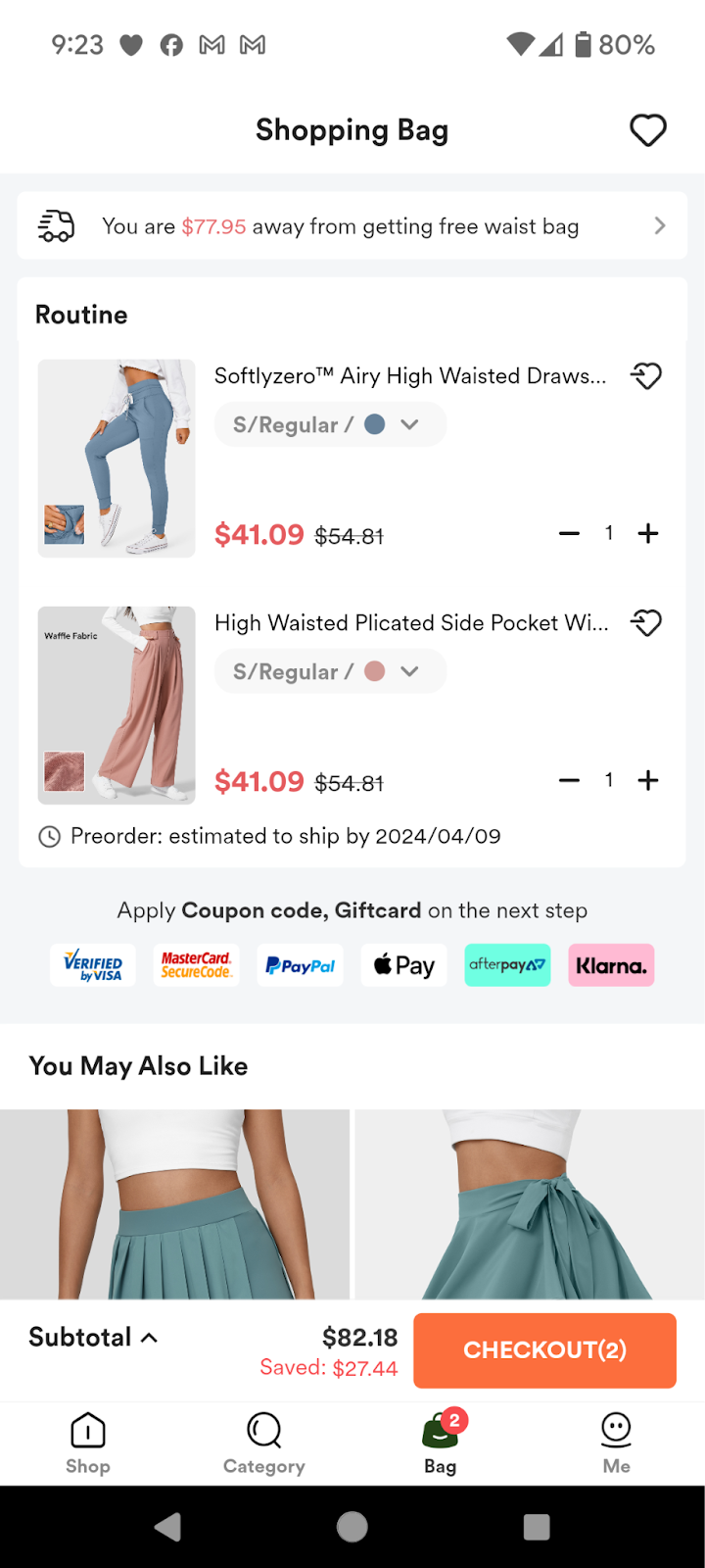 Halara's mobile app cart showing customers if they spend more they'll get a free item.
