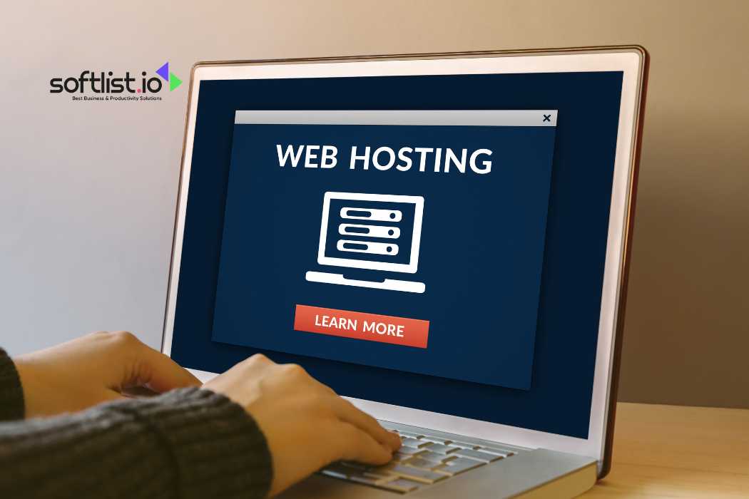 Laptop screen displaying web hosting information with a "Learn More" button