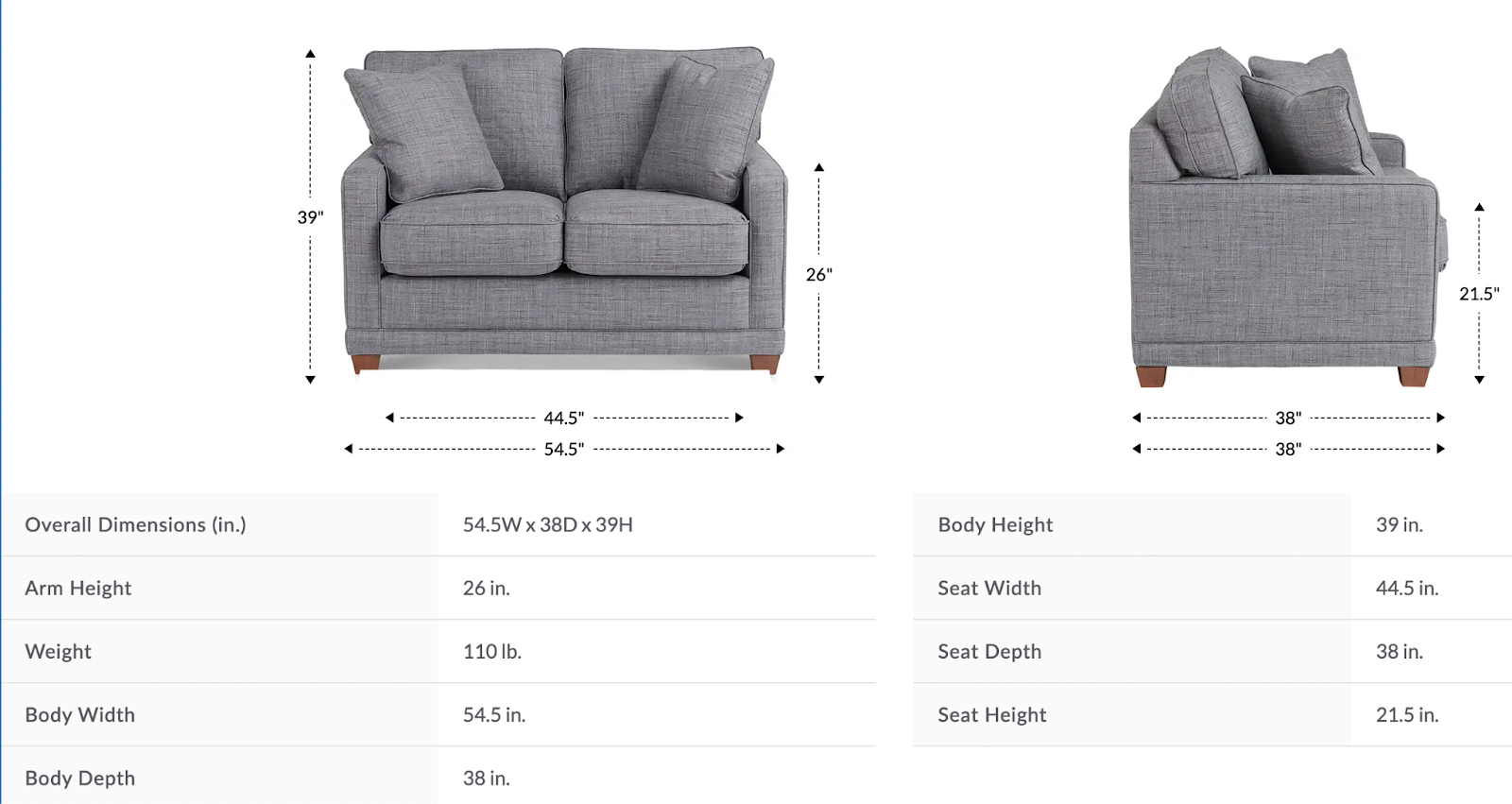 kennedy loveseat size & dimensions