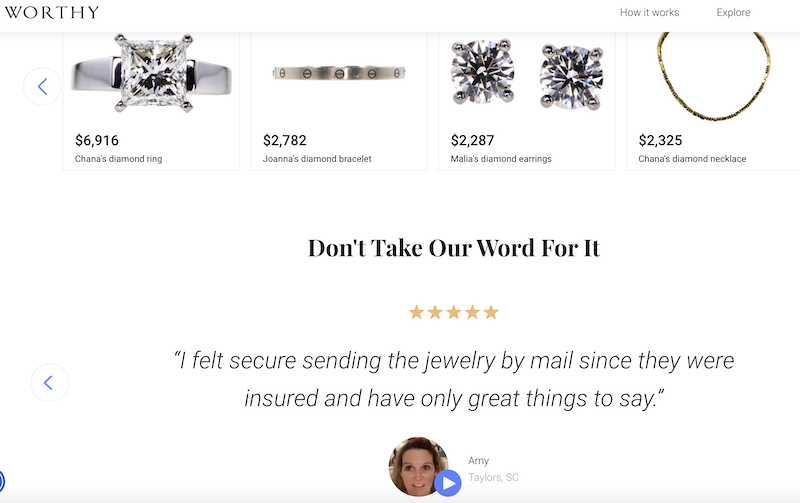 Screenshot of the types of jewelry Worthy has sold