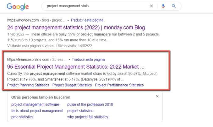Position 2 ranking of a post on project management statistics by Finances Online 