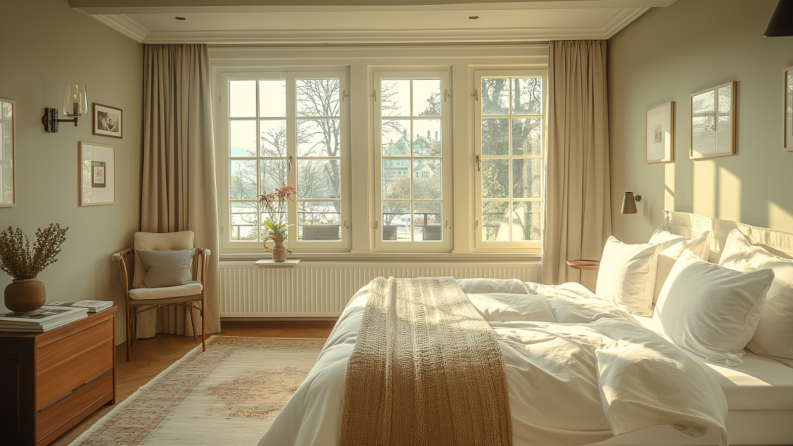 Interior of a cozy boutique hotel room in Zurich featuring a blend of modern amenities and traditional Swiss decor.