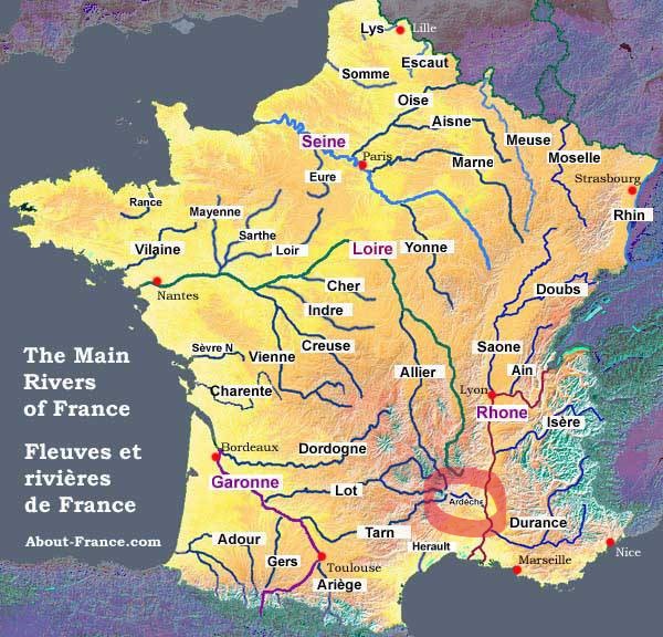 Carte de l'Ardèche pour le paddle en rivière en France