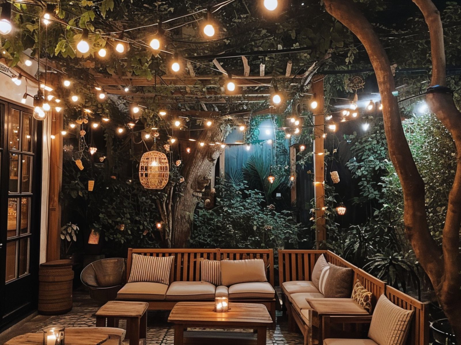 A patio seating area decorated with bulb string lights and boho lamps in a layered style