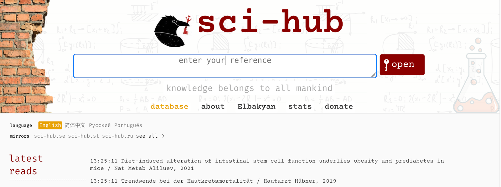 Screenshot van Sci-Hub op het dark web
