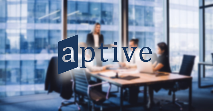 Aptive Resources logo over a photo showing professional financial experts collaborating during brainstorming meeting listening information from clever female director, businesswoman providing information to corporate workers of company