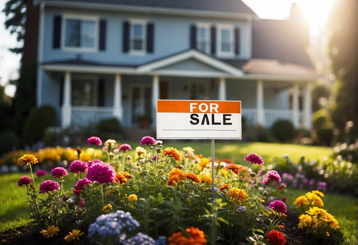 A well-maintained house with a fresh coat of paint, neatly trimmed lawn, and colorful flowers in the garden. A "For Sale" sign stands proudly in the front yard