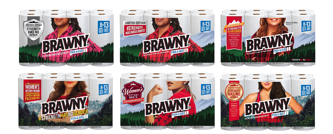 Images of an assortment of BRAWNY packaging featuring women and the art is all cropped so you don;t see their heads above the filtrum