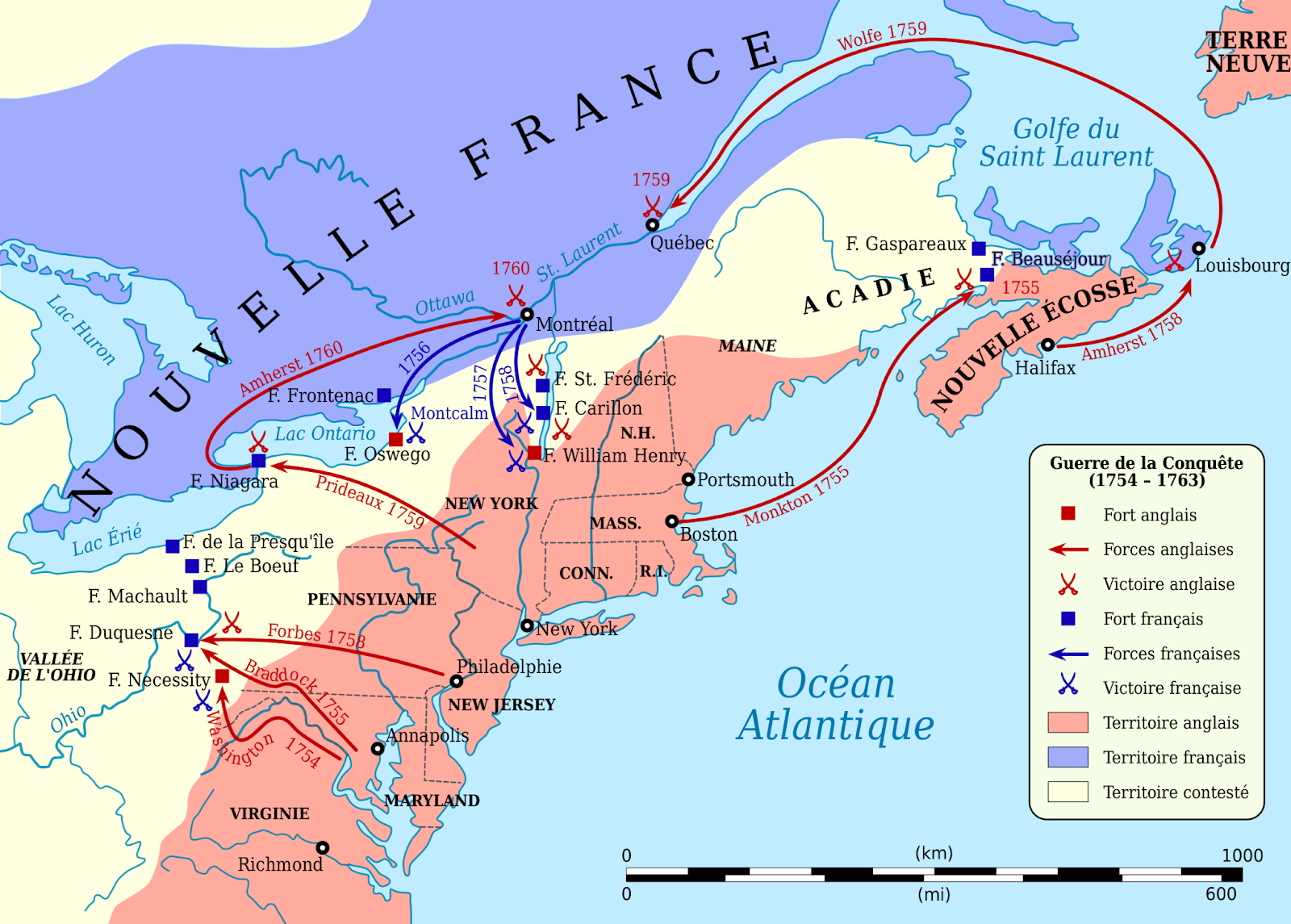 Carte des opérations en Amérique du Nord de 1754 à 1760 menant à la première décolonisation française en Amérique.