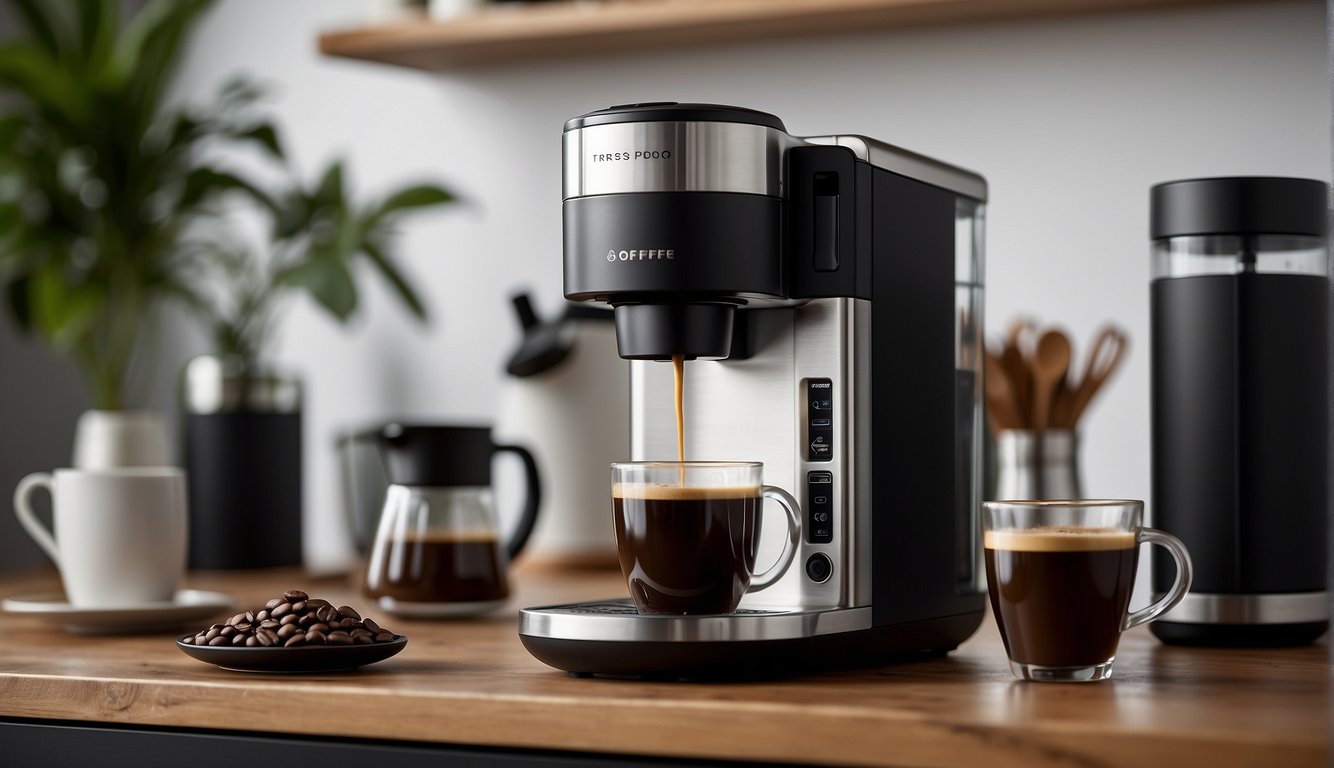 A Tres Corações Versa coffee maker sits on a clean, modern kitchen counter, surrounded by freshly ground coffee beans, a steaming cup of coffee, and a sleek stainless steel milk frother